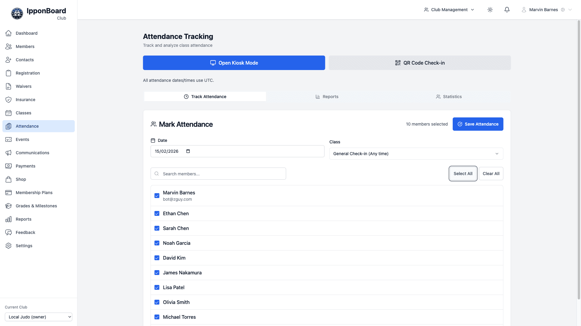 IpponBoard attendance tracking with check-in, kiosk mode, and attendance history