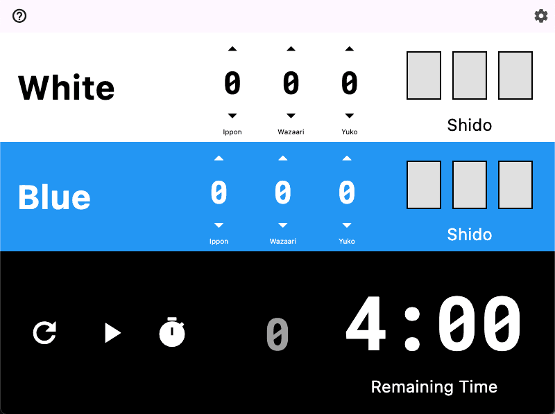 IpponBoard judo scoreboard interface showing White vs Blue with Ippon, Waza-ari, Yuko scoring and Shido penalties
